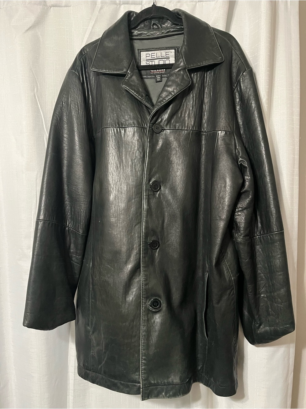 Wilson Black Leather Trench Coat with Button Front